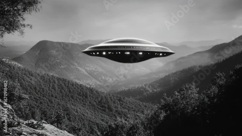 Wallpaper Mural A spaceship from another world hovers over a serene mountain landscape, creating an atmosphere of intrigue and wonder. Torontodigital.ca