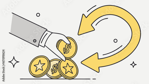 Hand depositing coins with circular arrow indicating financial cycle business investment return on investment financial growth money flow wealth management currency exchange economic cycle budget fin.