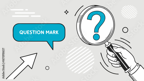 Hand holding magnifying glass with question mark search concept inquiry illustration question and answer FAQ help support problem solving investigation research mystery clue solution discovery find s.