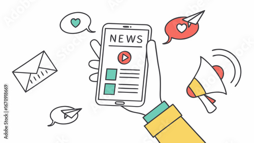 Hand holding smartphone displaying news social media notifications email and megaphone illustration.