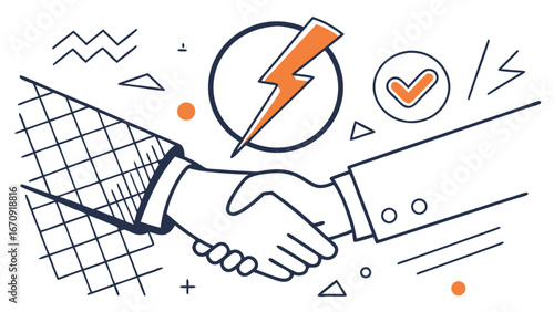 Handshake agreement partnership deal energy success collaboration business concept contract teamwork deal closing synergy electricity power connection agreement approval check mark graphic design ill.