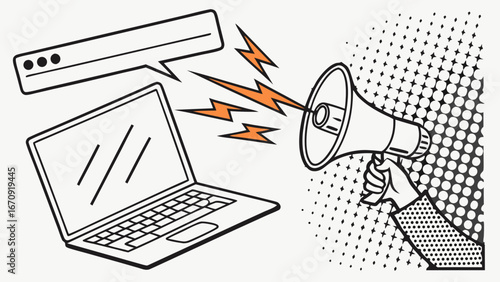 Laptop announcement online marketing digital communication megaphone pop art style illustration vector graphic design.