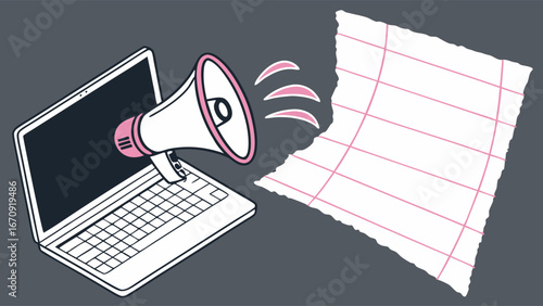 Laptop with megaphone announcing news digital marketing concept illustration.
