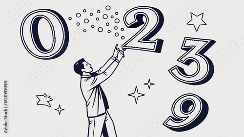 Man Interacting with 3D Numbers Vintage Style Illustration Graphic Design Element.