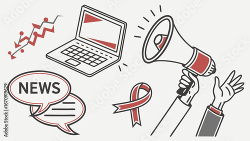 News announcement laptop megaphone speech bubble ribbon hand communication marketing promotion graphic design illustration vector art social media digital marketing online news breaking news informat.