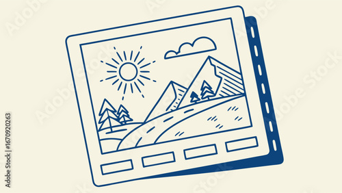 Photo Print Landscape Illustration Mountain Scenery Nature Design Travel Photography Mockup Artistic Line Art Summer Vacation Holiday Memories Photo Album Image Frame Graphic Design Element.