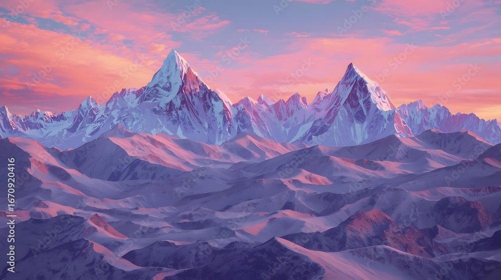 Obraz premium Surreal mountain range with chrome peaks under pastel sky