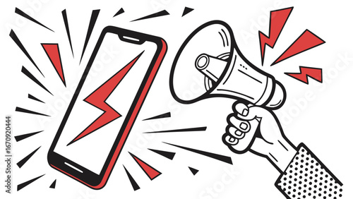 Smartphone announcement mobile marketing digital promotion loud message megaphone hand holding vector illustration bold graphic red and black communication news alert social media online advertising .
