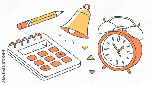 Time management illustration alarm clock calendar pencil bell schedule planning organization productivity efficiency work office appointment reminder deadline task checklist to-do list time clock sch.