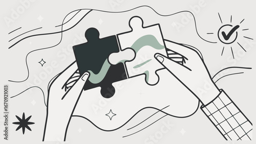 Two puzzle pieces being joined by hands.