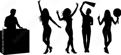 Silhouette of a dj with two dancers and a woman holding a sign at a party celebrating life | editable eps vectors
