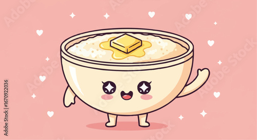 National grits for breakfast day september 2nd vector cute kawaii oatmeal breakfast bowl with butter illustration vector design for food lovers and kids art projects