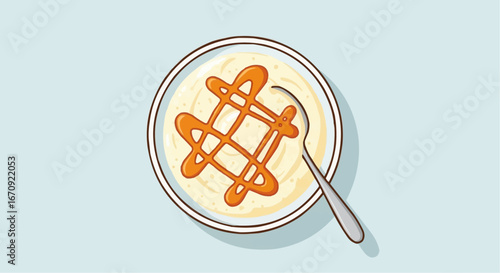 National grits for breakfast day september 2nd vector delicious vanilla pudding dessert with caramel sauce recipe and spoon for food blog and social media posts