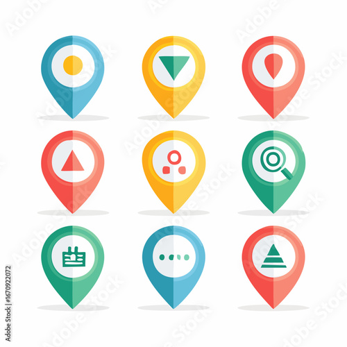Vector location icon set with abstract map pins, navigation, and place symbols. Modern flat design for GPS, travel, and maps.