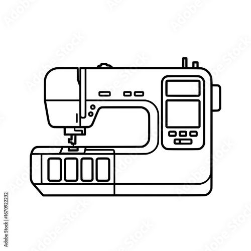 Sewing machine line art icon, vector graphic for tailor shop logo or sewing template design isolated on white background