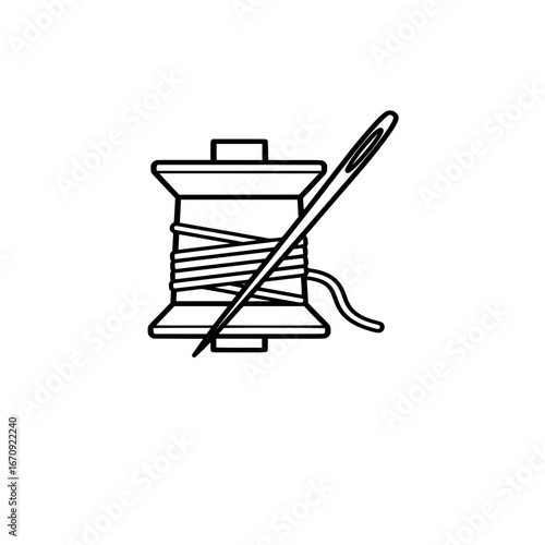 Versatile sewing thread spool and needle line art icon, perfect for craft-themed templates and design elements on a page