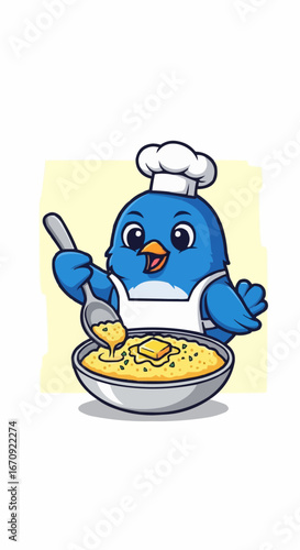 National grits for breakfast day september 2nd vector cartoon blue bird chef cooking polenta recipe with butter and spoon vector illustration design art
