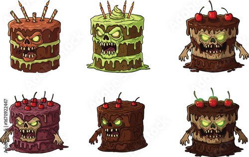 Zombie horror cakes with glowing eyes, creepy decorations, Halloween dessert monsters, spooky cartoon pastries for themed party and vector illustration
