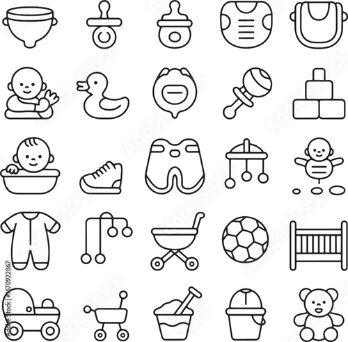 Baby Shower Essentials and Toys Line Icons