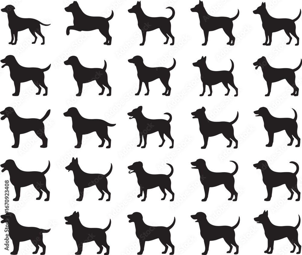 Fototapeta premium Black Dog Silhouettes Walking Various Positions