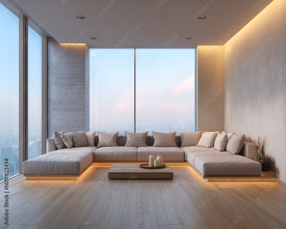 Fototapeta premium Modern, spacious living room with city view