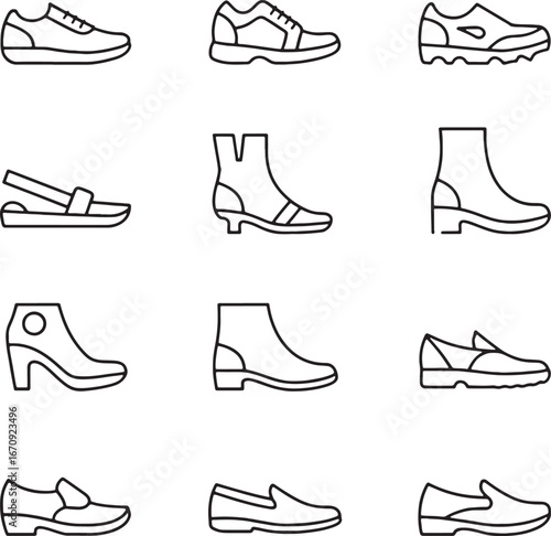 Collection of Footwear Icons in Outline Style on White Background shoe sneaker