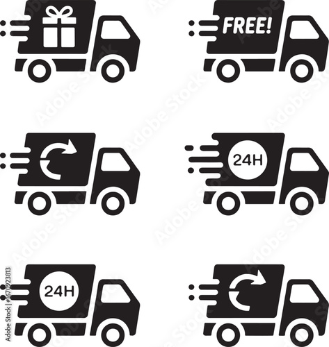 Delivery truck icons with free delivery and 24 hour service symbols vehicle transport