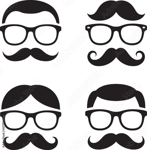 Four Stylized Black Silhouettes of Men's Faces with Glasses and Mustaches vector illustration
