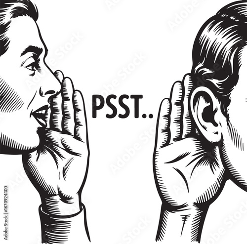 Man Whispering Secret Message to Another Man in Vintage Style gossip rumor