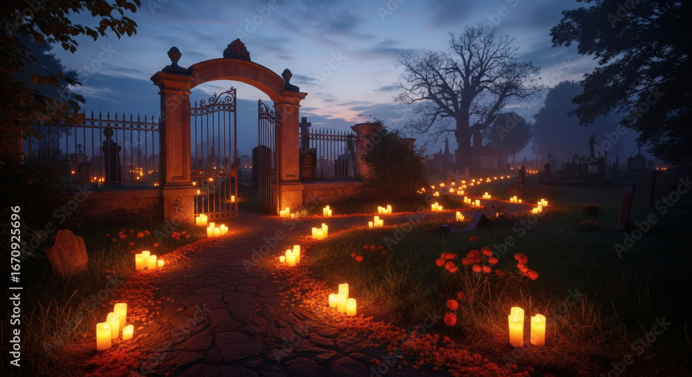 Fototapeta premium A path lit by candles leading through an ornate gate at dusk in a cemetery or garden setting