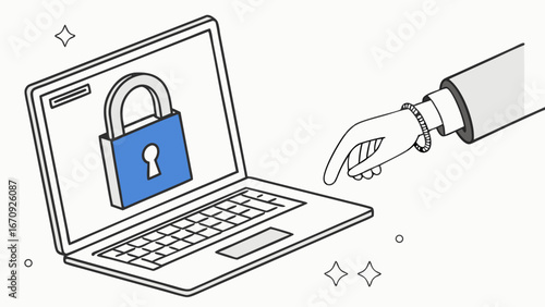 Laptop screen showing a padlock hand reaching for it - Cyber security concept illustration.