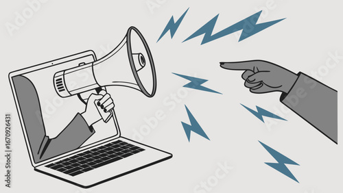 Online Announcement Digital Marketing Laptop Megaphone Illustration Hand Pointing.