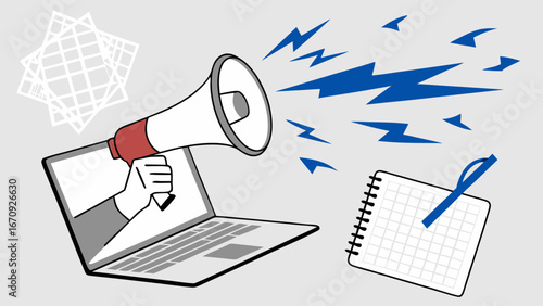 Laptop screen with megaphone announcing news notepad and pen illustration.