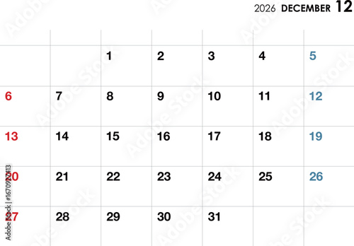 2026年12月カレンダー　横向き