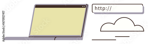 Laptop screen beside a URL bar and cloud graphic symbolizing online browsing, cloud storage, digital data, and tech innovation. Ideal for web, cloud computing, internet access, and simple flat