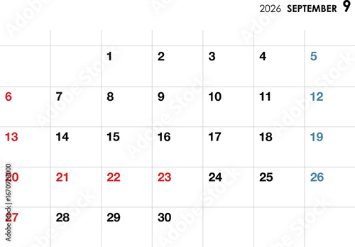 2026年9月カレンダー　横向き