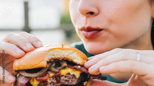 Woman Enjoying Delicious Burger with Bacon and Cheese.