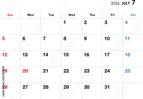 2026年7月カレンダー　横向き