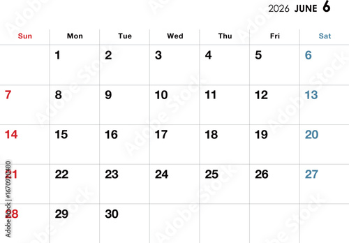 2026年6月カレンダー　横向き