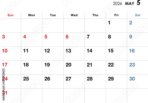2026年5月カレンダー　横向き
