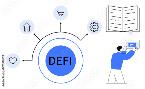 DEFI surrounded by icons for home, shopping, settings, and heart. Open book and person holding video player. Ideal for finance, tech, education, user guides commerce automation simple landing page