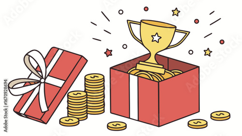 Gift box with trophy and coins success reward achievement illustration.
