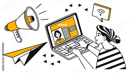 Online News Laptop Communication Broadcasting Media Digital Marketing Vector Illustration.