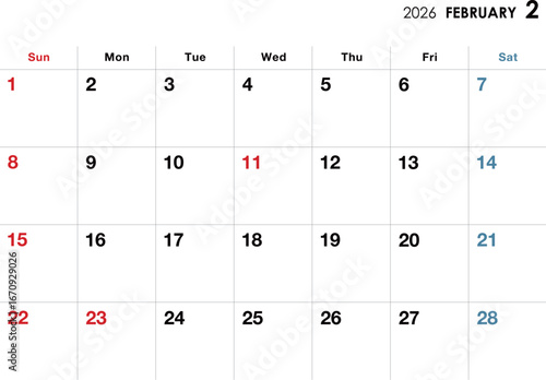 2026年2月カレンダー　横向き