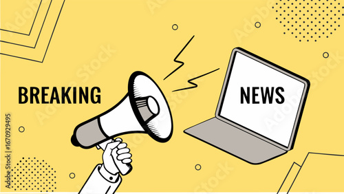 Breaking News Announcement Megaphone and Laptop Illustration.