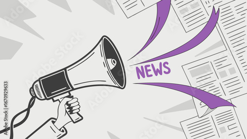 Hand Holding Megaphone Announcing News with Newspaper Background Illustration.