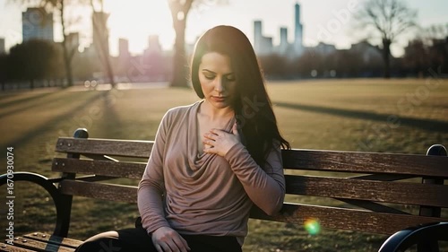 Woman Touching Chest, Sitting on Park Bench, Sunlight.