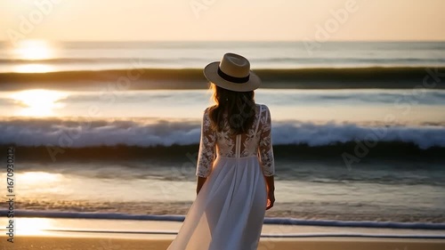 Woman Watching Sunset Over Ocean Waves on Beach.