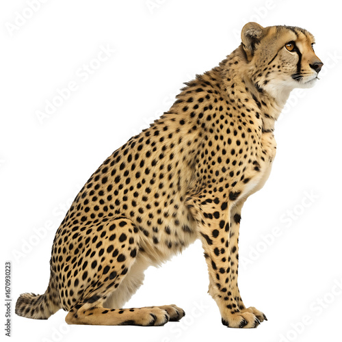Cheetah sitting upright on transparent background, realistic wildlife photo showing spotted coat texture and attentive profile pose with natural