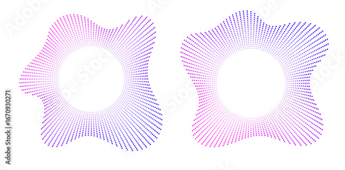 Sound equalizer icons with lines and dots, gradient neon circular sound wave frames, abstract radial music icons. Audio beat symbol concept isolated on white. Vector illustration.